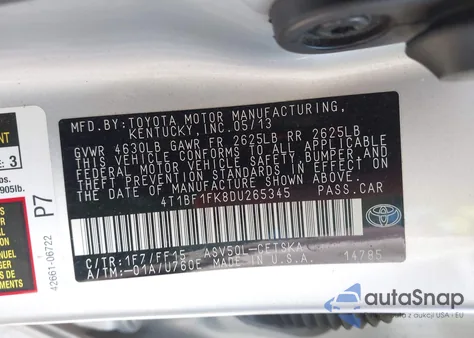 2013 Toyota Camry Se z USA, uszkodzony, nr VIN 4T1BF1FK8DU265345